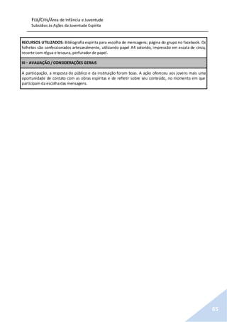 FEB/CFN/Área de Infância e Juventude
Subsídios às Ações da Juventude Espírita
65
RECURSOS UTILIZADOS: Bibliografia espírita para escolha de mensagens; página do grupo no facebook. Os
folhetos são confeccionados artesanalmente, utilizando papel A4 colorido, impressão em escala de cinza,
recorte com régua e tesoura, perfurador de papel.
III – AVALIAÇÃO / CONSIDERAÇÕES GERAIS
A participação, a resposta do público e da instituição foram boas. A ação ofereceu aos jovens mais uma
oportunidade de contato com as obras espíritas e de refletir sobre seu conteúdo, no momento em que
participam da escolha das mensagens.
 