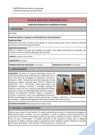 FEB/CFN/Área de Infância e Juventude
Subsídios às Ações da Juventude Espírita
70
ESPAÇO DE AÇÃO JOVEM: COMUNICAÇÃO SOCIAL
COMPARTILHAMENTO DE EXPERIÊNCIA EXITOSA
I – IDENTIFICAÇÃO
UF: GOIÁS
NOME DO PROJETO: CONHEÇA O ESPIRITISMO PELA ARTE SEQUENCIAL
OBJETIVO GERAL:
Proporcionar aos jovens momento de produção de material impresso com vistas à difusão da Doutrina
Espírita por meio da Arte Sequencial (Gibi).
OBJETIVOS ESPECÍFICOS:
Motivar e preparar os jovens para trabalho em equipe e para efetiva participação em atividades que
envolvam a arte como meio de divulgação do Espiritismo.
PÚBLICO: Jovens de 13 a 24 anos
ABRANGÊNCIA: Estadual
PERÍODO/TEMPO DE REALIZAÇÃO: 1 trimestre DURAÇÃO DA ATIVIDADE: 2 horas/dia
II – DESENVOLVIMENTO
DESCRIÇÃO: Os Jovens de algumas Mocidades Espíritas da
capital do Estado de Goiás, interessados em trabalharem com a
arte como meio de divulgação do Espiritismo, uniram-se e
fundaram o NEAS - Núcleo Espírita de Arte Sequencial. A Arte
Sequencial, também conhecida como “Gibi” ou “História em
Quadrinhos”, foi a “ferramenta” eleita pelos jovens para
divulgarem conteúdos, preceitos e mensagens espíritas ao
público em geral. Por isso, o Setor de Juventude do DIJ-FEEGO,
apoiando os jovens do NEAS (Mocidades Espíritas), publicou a
História em Quadrinhos intitulada “Ângelo, a Descoberta –
Conheça o Espiritismo”, que é uma adaptação do documento
(folder) de divulgação da Doutrina Espírita denominado “Conheça o Espiritismo – Uma nova era para a
humanidade”, amplamente divulgado pela FEB e pelo Conselho Espírita Internacional.
RECURSOS UTILIZADOS: Material gráfico (exemplo acima).
III – AVALIAÇÃO / CONSIDERAÇÕES GERAIS
Avalia-se que a ação foi muito positiva. O material produzido pelos jovens foi amplamente divulgado no
Movimento Espírita e facilitou, com outra linguagem, o acesso ao público em geral (especialmente a
juventude) às importantes informações contidas no documento intitulado “Conheça o Espiritismo – Uma
nova era para a humanidade”. O trabalho utilizando da Arte Sequencial cumpriu com os objetivos
propostos no projeto e inclusive ensejou a produção de outros trabalhos visando à difusão dos preceitos
doutrinários, quais sejam: “O pão da vida”; “Flores Esquecidas” e “Feixe de Luz”.
 