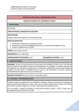 FEB/CFN/Área de Infância e Juventude
Subsídios às Ações da Juventude Espírita
71
ESPAÇO DE AÇÃO JOVEM: COMUNICAÇÃO SOCIAL
COMPARTILHAMENTO DE EXPERIÊNCIA EXITOSA
I – IDENTIFICAÇÃO
UF: PARAÍBA
NOME DO PROJETO: EVANGELHO ON-LAR JOVEM
OBJETIVO GERAL:
Divulgar a prática do Evangelho nolar através da internet.
OBJETIVOS ESPECÍFICOS:
 Proporcionar espaço para o protagonismo juvenil;
 desenvolver o exercício da divulgação do Espiritismo,em especial do Evangelho de Jesus;
 integrar os Departamentos da FEPB.
PÚBLICO: Jovens de 15 a 21 anos.
ABRANGÊNCIA: Local - João Pessoa
PERÍODO/TEMPO DE REALIZAÇÃO: Anual DURAÇÃO DA ATIVIDADE: 1 hora
II – DESENVOLVIMENTO
DESCRIÇÃO: Iniciativa do Departamento de Comunicação Social (DECOM) da FEPB no qual o DIJ-FEPB faz
parceria através da participação de jovens como protagonistas na divulgação em exibições especiais do
“Evangelho On-lar” destinadas ao público jovem. Os temas são escolhidos pelos próprios jovens através de
enquetes em redes sociais. As exibições ocorrem ao vivo e são transmitidas via internet, havendo a
possibilidade de interação dos internautas em tempo real.
RECURSOS UTILIZADOS: Microfone, câmera, computador, internet.
III – AVALIAÇÃO / CONSIDERAÇÕES GERAIS
O projeto atingiu seus objetivos de forma satisfatória recebendo, inclusive, comentários de aprovação de
diversas partes do país através de e-mails e redes sociais. Os jovens demonstraram conhecer os princípios
doutrinários e puderam divulgar com correção a visãoespírita do Evangelho de Jesus.
Em uma ocasião, o projeto foi realizado no estado de Pernambuco, durante o EJEPE, e contou com a
participação de jovens da PB, de PEe do RN.
 