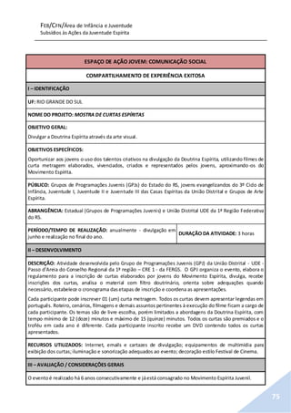 FEB/CFN/Área de Infância e Juventude
Subsídios às Ações da Juventude Espírita
75
ESPAÇO DE AÇÃO JOVEM: COMUNICAÇÃO SOCIAL
COMPARTILHAMENTO DE EXPERIÊNCIA EXITOSA
I – IDENTIFICAÇÃO
UF: RIO GRANDE DO SUL
NOME DO PROJETO: MOSTRA DE CURTAS ESPÍRITAS
OBJETIVO GERAL:
Divulgar a Doutrina Espírita através da arte visual.
OBJETIVOS ESPECÍFICOS:
Oportunizar aos jovens o uso dos talentos criativos na divulgação da Doutrina Espírita, utilizando filmes de
curta metragem elaborados, vivenciados, criados e representados pelos jovens, aproximando-os do
Movimento Espírita.
PÚBLICO: Grupos de Programações Juvenis (GPJs) do Estado do RS, jovens evangelizandos do 3º Ciclo de
Infância, Juventude I, Juventude II e Juventude III das Casas Espíritas da União Distrital e Grupos de Arte
Espírita.
ABRANGÊNCIA: Estadual (Grupos de Programações Juvenis) e União Distrital UDE da 1ª Região Federativa
do RS.
PERÍODO/TEMPO DE REALIZAÇÃO: anualmente - divulgação em
junho e realização no final do ano.
DURAÇÃO DA ATIVIDADE: 3 horas
II – DESENVOLVIMENTO
DESCRIÇÃO: Atividade desenvolvida pelo Grupo de Programações Juvenis (GPJ) da União Distrital - UDE -
Passo d’Areia do Conselho Regional da 1ª região – CRE 1 - da FERGS. O GPJ organiza o evento, elabora o
regulamento para a inscrição de curtas elaborados por jovens do Movimento Espírita, divulga, recebe
inscrições dos curtas, analisa o material com filtro doutrinário, orienta sobre adequações quando
necessário, estabelece o cronograma dasetapas de inscrição e coordena as apresentações.
Cada participante pode inscrever 01 (um) curta metragem. Todos os curtas devem apresentar legendas em
português. Roteiro, cenários, filmagens e demais assuntos pertinentes à execução do filme ficam a cargo de
cada participante. Os temas são de livre escolha, porém limitados a abordagens da Doutrina Espírita, com
tempo mínimo de 12 (doze) minutos e máximo de 15 (quinze) minutos. Todos os curtas são premiados e o
troféu em cada ano é diferente. Cada participante inscrito recebe um DVD contendo todos os curtas
apresentados.
RECURSOS UTILIZADOS: Internet, emails e cartazes de divulgação; equipamentos de multimídia para
exibição dos curtas;iluminação e sonorização adequados ao evento; decoração estilo Festival de Cinema.
III – AVALIAÇÃO / CONSIDERAÇÕES GERAIS
O eventoé realizado há 6 anos consecutivamente e jáestá consagrado no Movimento Espírita Juvenil.
 