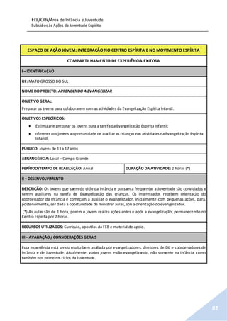 FEB/CFN/Área de Infância e Juventude
Subsídios às Ações da Juventude Espírita
82
ESPAÇO DE AÇÃO JOVEM: INTEGRAÇÃO NO CENTRO ESPÍRITA E NO MOVIMENTO ESPÍRITA
COMPARTILHAMENTO DE EXPERIÊNCIA EXITOSA
I – IDENTIFICAÇÃO
UF: MATO GROSSO DO SUL
NOME DO PROJETO: APRENDENDO A EVANGELIZAR
OBJETIVO GERAL:
Preparar os jovens para colaborarem com as atividades da Evangelização Espírita Infantil.
OBJETIVOS ESPECÍFICOS:
 Estimular e preparar os jovens para a tarefa da Evangelização Espírita Infantil;
 oferecer aos jovens a oportunidade de auxiliar as crianças nas atividades da Evangelização Espírita
Infantil.
PÚBLICO: Jovens de 13 a 17 anos
ABRANGÊNCIA: Local – Campo Grande
PERÍODO/TEMPO DE REALIZAÇÃO: Anual DURAÇÃO DA ATIVIDADE: 2 horas (*)
II – DESENVOLVIMENTO
DESCRIÇÃO: Os jovens que saem do ciclo da Infância e passam a frequentar a Juventude são convidados a
serem auxiliares na tarefa de Evangelização das crianças. Os interessados recebem orientação do
coordenador da Infância e começam a auxiliar o evangelizador, inicialmente com pequenas ações, para,
posteriormente, ser dada a oportunidade de ministrar aulas, sob a orientação doevangelizador.
(*) As aulas são de 1 hora, porém o jovem realiza ações antes e após a evangelização, permanecendo no
Centro Espírita por 2 horas.
RECURSOS UTILIZADOS: Currículo, apostilas da FEB e material de apoio.
III – AVALIAÇÃO / CONSIDERAÇÕES GERAIS
Essa experiência está sendo muito bem avaliada por evangelizadores, diretores de DIJ e coordenadores de
Infância e de Juventude. Atualmente, vários jovens estão evangelizando, não somente na Infância, como
também nos primeiros ciclos da Juventude.
 