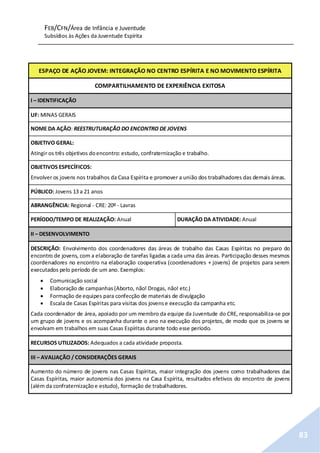 FEB/CFN/Área de Infância e Juventude
Subsídios às Ações da Juventude Espírita
83
ESPAÇO DE AÇÃO JOVEM: INTEGRAÇÃO NO CENTRO ESPÍRITA E NO MOVIMENTO ESPÍRITA
COMPARTILHAMENTO DE EXPERIÊNCIA EXITOSA
I – IDENTIFICAÇÃO
UF: MINAS GERAIS
NOME DA AÇÃO: REESTRUTURAÇÃO DO ENCONTRO DE JOVENS
OBJETIVO GERAL:
Atingir os três objetivos doencontro: estudo, confraternização e trabalho.
OBJETIVOS ESPECÍFICOS:
Envolver os jovens nos trabalhos da Casa Espírita e promover a união dos trabalhadores das demais áreas.
PÚBLICO: Jovens 13 a 21 anos
ABRANGÊNCIA: Regional - CRE: 20º - Lavras
PERÍODO/TEMPO DE REALIZAÇÃO: Anual DURAÇÃO DA ATIVIDADE: Anual
II – DESENVOLVIMENTO
DESCRIÇÃO: Envolvimento dos coordenadores das áreas de trabalho das Casas Espíritas no preparo do
encontro de jovens, com a elaboração de tarefas ligadas a cada uma das áreas. Participação desses mesmos
coordenadores no encontro na elaboração cooperativa (coordenadores + jovens) de projetos para serem
executados pelo período de um ano. Exemplos:
 Comunicação social
 Elaboração de campanhas(Aborto, não! Drogas, não! etc.)
 Formação de equipes para confecção de materiais de divulgação
 Escala de Casas Espíritas para visitas dos jovense execução da campanha etc.
Cada coordenador de área, apoiado por um membro da equipe da Juventude do CRE, responsabiliza-se por
um grupo de jovens e os acompanha durante o ano na execução dos projetos, de modo que os jovens se
envolvam em trabalhos em suas Casas Espíritas durante todo esse período.
RECURSOS UTILIZADOS: Adequados a cada atividade proposta.
III – AVALIAÇÃO / CONSIDERAÇÕES GERAIS
Aumento do número de jovens nas Casas Espíritas, maior integração dos jovens como trabalhadores das
Casas Espíritas, maior autonomia dos jovens na Casa Espírita, resultados efetivos do encontro de jovens
(além da confraternizaçãoe estudo), formação de trabalhadores.
 
