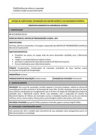 FEB/CFN/Área de Infância e Juventude
Subsídios às Ações da Juventude Espírita
93
ESPAÇO DE AÇÃO JOVEM: INTEGRAÇÃO NO CENTRO ESPÍRITA E NO MOVIMENTO ESPÍRITA
COMPARTILHAMENTO DE EXPERIÊNCIA EXITOSA
I – IDENTIFICAÇÃO
UF: RIO GRANDE DO SUL
NOME DO PROJETO: GRUPOS DE PROGRAMAÇÕES JUVENIS - GPJs
OBJETIVO GERAL:
Estimular, orientar e acompanhar a formação e organização dos GRUPOS DE PROGRAMAÇÕES JUVENIS do
Movimento Espírita do RS.
OBJETIVOS ESPECÍFICOS:
 Possibilitar aos jovens um espaço onde ele possa desenvolver atividades para o Movimento
Espírita;
 integrar a Juventude Espírita ao trabalho no bem;
 promover o surgimento de novas lideranças dentro do Movimento Espírita;
 formar trabalhadores para o Movimento Espírita.
PÚBLICO: Evangelizadores, coordenadores de Juventude, presidentes de Casas Espíritas, jovens
participantes dos grupos de Evangelização.
ABRANGÊNCIA: Estadual
PERÍODO/TEMPO DE REALIZAÇÃO: Indeterminado DURAÇÃO DA ATIVIDADE: Permanente
II – DESENVOLVIMENTO
DESCRIÇÃO: Nos cursos de capacitação, reuniões regionais e Encontros Estaduais, realizam-se oficinas de
orientação para os GPJs existentes e de formação de novos GPJs. Os GPJs são grupos de jovens de várias
Casas Espíritas, coordenados por evangelizadores que se reúnem nos Órgãos de Unificação para programar
atividades para o Movimento Espírita. Dentre suas atividades, está a cooperação em eventos do
Movimento Espírita, de Infância, de Juventude e outros; e atividades espíritas com uso de seus talentos
artísticos, como a música, teatro, tribuna jovem, curta metragens, tardes e dias juvenis, entre outros.
RECURSOS UTILIZADOS: Equipe DIJ FERGS, projetores multimídia, papéise canetas, blog DIJ FERGS.
III – AVALIAÇÃO / CONSIDERAÇÕES GERAIS
Pelo aumento dos GPJs e também pelo crescimento de suas atividades como protagonistas juvenis no
Movimento Espírita e na sociedade.
 