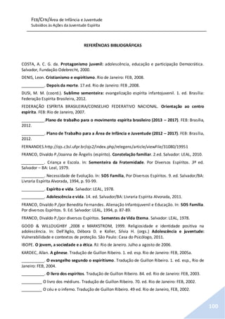 FEB/CFN/Área de Infância e Juventude
Subsídios às Ações da Juventude Espírita
100
REFERÊNCIAS BIBLIOGRÁFICAS
COSTA, A. C. G. da. Protagonismo juvenil: adolescência, educação e participação Democrática.
Salvador, Fundação Odebrecht, 2000.
DENIS, Leon. Cristianismo e espiritismo. Rio de Janeiro: FEB, 2008.
__________. Depois da morte. 17.ed. Rio de Janeiro: FEB ,2008.
DUSI, M. M. (coord.). Sublime sementeira: evangelização espírita infantojuvenil. 1. ed. Brasília:
Federação Espírita Brasileira, 2012.
FEDERAÇÃO ESPÍRITA BRASILEIRA/CONSELHO FEDERATIVO NACIONAL. Orientação ao centro
espírita. FEB: Rio de Janeiro, 2007.
__________.Plano de trabalho para o movimento espírita brasileiro (2013 – 2017). FEB: Brasília,
2012.
__________. Plano de Trabalho para a Área de Infância e Juventude (2012 – 2017). FEB: Brasília,
2012.
FERNANDES.http://ojs.c3sl.ufpr.br/ojs2/index.php/relegens/article/viewFile/31080/19951
FRANCO, Divaldo P./Joanna de Ângelis (espírito). Constelação familiar. 2.ed. Salvador: LEAL, 2010.
__________. Criança e Escola. In: Sementeira da Fraternidade. Por Diversos Espíritos. 3ª ed.
Salvador – BA: Leal, 1979.
__________. Necessidade de Evolução. In: SOS Família, Por Diversos Espíritos. 9. ed. Salvador/BA:
Livraria Espírita Alvorada, 1994, p. 93-99.
__________. Espírito e vida. Salvador: LEAL, 1978.
__________. Adolescência e vida. 14. ed. Salvador/BA: Livraria Espírita Alvorada, 2011.
FRANCO, Divaldo P./por Benedita Fernandes. Alienação Infantojuvenil e Educação. In: SOS Família.
Por diversos Espíritos. 9. Ed. Salvador: LEAL, 1994, p. 87-89.
FRANCO, Divaldo P./por diversos Espíritos. Sementes de Vida Eterna. Salvador: LEAL, 1978.
GOOD & WILLOUGHBY ,2008 e MARKSTROM, 1999. Religiosidade e identidade positiva na
adolescência. In: Dell’Aglio, Débora D. e Koller, Silvia H. (orgs.) Adolescência e juventude:
Vulnerabilidade e contextos de proteção. São Paulo: Casa do Psicólogo, 2011.
IBOPE. O jovem, a sociedade e a ética. RJ: Rio de Janeiro. Julho a agosto de 2006.
KARDEC, Allan. A gênese. Tradução de Guillon Ribeiro. 1. ed. esp. Rio de Janeiro: FEB, 2005a.
__________. O evangelho segundo o espiritismo. Tradução de Guillon Ribeiro. 1. ed. esp., Rio de
Janeiro: FEB, 2004.
__________. O livro dos espíritos. Tradução de Guillon Ribeiro. 84. ed. Rio de Janeiro: FEB, 2003.
_________ O livro dos médiuns. Tradução de Guillon Ribeiro. 70. ed. Rio de Janeiro: FEB, 2002.
_________ O céu e o inferno. Tradução de Guillon Ribeiro. 49 ed. Rio de Janeiro, FEB, 2002.
 