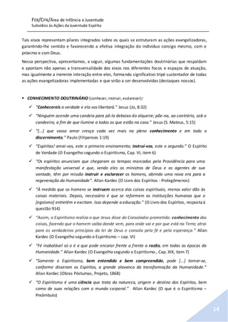 FEB/CFN/Área de Infância e Juventude
Subsídios às Ações da Juventude Espírita
14
Tais eixos representam pilares integrados sobre os quais se estruturam as ações evangelizadoras,
garantindo-lhe sentido e favorecendo a efetiva integração do indivíduo consigo mesmo, com o
próximo e com Deus.
Nessa perspectiva, apresentamos, a seguir, algumas fundamentações doutrinárias que respaldam
e apontam não apenas a transversalidade dos eixos nos diferentes focos e espaços de atuação,
mas igualmente a inerente interação entre eles, formando significativo tripé sustentador de todas
as ações evangelizadoras implementadas e que virão a ser desenvolvidas (destaques nossos).
 CONHECIMENTO DOUTRINÁRIO (conhecer, instruir, esclarecer):
 “Conhecereis a verdade e ela vos libertará.” Jesus (Jo, 8:32)
 “Ninguém acende uma candeia para pô-la debaixo do alqueire; põe-na, ao contrário, sob o
candeeiro, a fim de que ilumine a todos os que estão na casa.” Jesus (S. Mateus, 5:15)
 “[...] que vosso amor cresça cada vez mais no pleno conhecimento e em todo o
discernimento.” Paulo (Filipenses 1:19)
 “Espíritas! amai-vos, este o primeiro ensinamento; instruí-vos, este o segundo.” O Espírito
de Verdade (O Evangelho segundo o Espiritismo, Cap. VI, item 6)
 “Os espíritos anunciam que chegaram os tempos marcados pela Providência para uma
manifestação universal e que, sendo eles os ministros de Deus e os agentes de sua
vontade, têm por missão instruir e esclarecer os homens, abrindo uma nova era para a
regeneração da Humanidade”. Allan Kardec (O Livro dos Espíritos - Prolegômenos)
 “À medida que os homens se instruem acerca das coisas espirituais, menos valor dão às
coisas materiais. Depois, necessário é que se reformem as instituições humanas que o
[egoísmo] entretêm e excitam. Isso depende a educação.” (O Livro dos Espíritos, respostaà
questão 914)
 “Assim, o Espiritismo realiza o que Jesus disse do Consolador prometido: conhecimento das
coisas, fazendo que o homem saiba donde vem, para onde vai e por que está na Terra; atrai
para os verdadeiros princípios da lei de Deus e consola pela fé e pela esperança.” Allan
Kardec (O Evangelho segundo o Espiritismo – cap. VI)
 “Fé inabalável só o é a que pode encarar frente a frente a razão, em todas as épocas da
Humanidade.” Allan Kardec (O Evangelho segundo o Espiritismo., Cap. XIX, item 7)
 “Somente o Espiritismo, bem entendido e bem compreendido, pode [...] tornar-se,
conforme disseram os Espíritos, a grande alavanca da transformação da Humanidade.”
Allan Kardec (Obras Póstumas, Projeto, 1868)
 “O Espiritismo é uma ciência que trata da natureza, origem e destino dos Espíritos, bem
como de suas relações com o mundo corporal.” Allan Kardec (O que é o Espiritismo –
Preâmbulo)
 