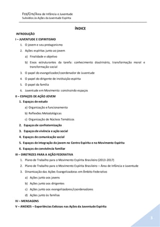 FEB/CFN/Área de Infância e Juventude
Subsídios às Ações da Juventude Espírita
3
ÍNDICE
INTRODUÇÃO
I – JUVENTUDE E ESPIRITISMO
1. O jovem e seu protagonismo
2. Ações espíritas junto ao jovem
a) Finalidade e objetivo
b) Eixos estruturantes da tarefa: conhecimento doutrinário, transformação moral e
transformação social
3. O papel do evangelizador/coordenador de Juventude
4. O papel do dirigente de instituição espírita
5. O papel da família
6. Juventude em Movimento: construindo espaços
II – ESPAÇOS DE AÇÃO JOVEM
1. Espaços de estudo
a) Organização e funcionamento
b) Reflexões Metodológicas
c) Organização de Núcleos Temáticos
2. Espaços de confraternização
3. Espaços de vivência e ação social
4. Espaços de comunicação social
5. Espaços de integração do jovem no Centro Espírita e no Movimento Espírita
6. Espaços de convivência familiar
III – DIRETRIZES PARA A AÇÃO FEDERATIVA
1. Plano de Trabalho para o Movimento Espírita Brasileiro (2013-2017)
2. Plano de Trabalho para o Movimento Espírita Brasileiro – Área de Infância e Juventude
3. Dinamização das Ações Evangelizadoras em Âmbito Federativo
a) Ações junto aos jovens
b) Ações junto aos dirigentes
c) Ações junto aos evangelizadores/coordenadores
d) Ações junto às famílias
IV – MENSAGENS
V – ANEXOS – Experiências Exitosas nas Ações da Juventude Espírita
 