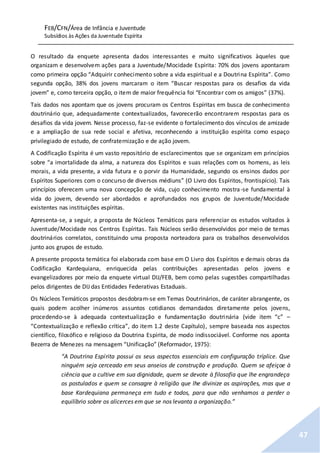 FEB/CFN/Área de Infância e Juventude
Subsídios às Ações da Juventude Espírita
47
O resultado da enquete apresenta dados interessantes e muito significativos àqueles que
organizam e desenvolvem ações para a Juventude/Mocidade Espírita: 70% dos jovens apontaram
como primeira opção “Adquirir conhecimento sobre a vida espiritual e a Doutrina Espírita”. Como
segunda opção, 38% dos jovens marcaram o item “Buscar respostas para os desafios da vida
jovem” e, como terceira opção, o item de maior frequência foi “Encontrar com os amigos” (37%).
Tais dados nos apontam que os jovens procuram os Centros Espíritas em busca de conhecimento
doutrinário que, adequadamente contextualizados, favorecerão encontrarem respostas para os
desafios da vida jovem. Nesse processo, faz-se evidente o fortalecimento dos vínculos de amizade
e a ampliação de sua rede social e afetiva, reconhecendo a instituição espírita como espaço
privilegiado de estudo, de confraternização e de ação jovem.
A Codificação Espírita é um vasto repositório de esclarecimentos que se organizam em princípios
sobre “a imortalidade da alma, a natureza dos Espíritos e suas relações com os homens, as leis
morais, a vida presente, a vida futura e o porvir da Humanidade, segundo os ensinos dados por
Espíritos Superiores com o concurso de diversos médiuns” (O Livro dos Espíritos, frontispício). Tais
princípios oferecem uma nova concepção de vida, cujo conhecimento mostra-se fundamental à
vida do jovem, devendo ser abordados e aprofundados nos grupos de Juventude/Mocidade
existentes nas instituições espíritas.
Apresenta-se, a seguir, a proposta de Núcleos Temáticos para referenciar os estudos voltados à
Juventude/Mocidade nos Centros Espíritas. Tais Núcleos serão desenvolvidos por meio de temas
doutrinários correlatos, constituindo uma proposta norteadora para os trabalhos desenvolvidos
junto aos grupos de estudo.
A presente proposta temática foi elaborada com base em O Livro dos Espíritos e demais obras da
Codificação Kardequiana, enriquecida pelas contribuições apresentadas pelos jovens e
evangelizadores por meio da enquete virtual DIJ/FEB, bem como pelas sugestões compartilhadas
pelos dirigentes de DIJ das Entidades Federativas Estaduais.
Os Núcleos Temáticos propostos desdobram-se em Temas Doutrinários, de caráter abrangente, os
quais podem acolher inúmeros assuntos cotidianos demandados diretamente pelos jovens,
procedendo-se à adequada contextualização e fundamentação doutrinária (vide item “c” –
“Contextualização e reflexão crítica”, do item 1.2 deste Capítulo), sempre baseada nos aspectos
científico, filosófico e religioso da Doutrina Espírita, de modo indissociável. Conforme nos aponta
Bezerra de Menezes na mensagem “Unificação” (Reformador, 1975):
“A Doutrina Espírita possui os seus aspectos essenciais em configuração tríplice. Que
ninguém seja cerceado em seus anseios de construção e produção. Quem se afeiçoe à
ciência que a cultive em sua dignidade, quem se devote à filosofia que lhe engrandeça
os postulados e quem se consagre à religião que lhe divinize as aspirações, mas que a
base Kardequiana permaneça em tudo e todos, para que não venhamos a perder o
equilíbrio sobre os alicerces em que se nos levanta a organização.”
 