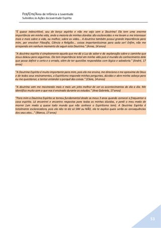 FEB/CFN/Área de Infância e Juventude
Subsídios às Ações da Juventude Espírita
53
"É quase indescritível, sou de berço espírita e não me vejo sem a Doutrina! Ela tem uma enorme
importância em minha vida, onde a maioria de minhas dúvidas são esclarecidas e me levam a me interessar
mais e mais sobre a vida, ou melhor, sobre as vidas... A doutrina também possui grande importância para
mim, por envolver Filosofia, Ciência e Religião... coisas importantíssimas para cada ser! Enfim, não me
arrependo em nenhum momento de seguir esta Doutrina." (Anna, 14 anos)
"A doutrina espírita é simplesmente aquela que me dá a Luz do saber e da explanação sobre o caminho que
Jesus deixou para seguirmos. Ela tem importância total em minha vida pois é munido do conhecimento dela
que posso definir o certo e o errado, além de ter questões respondidas com lógica e sabedoria." (André, 17
anos)
"A Doutrina Espírita é muito importante para mim, pois ela me ensina, me direciona e me aproxima de Deus
e de todos seus ensinamentos, o Espiritismo responde minhas perguntas, dúvidas e abre minha cabeça para
eu me questionar, e tentar entender o porquê das coisas.” (Clara, 14 anos)
"A doutrina vem me mostrando mais e mais um jeito melhor de ver os acontecimentos do dia a dia. Me
identifico muito com o que nos é ensinado durante os estudos." (Ana Gabriela, 17 anos)
"Para mim a Doutrina Espírita se tornou fundamental desde os meus 3 anos quando comecei a frequentar a
casa espírita. Lá encontrei e encontro respostas para todas as minhas dúvidas, e perdi o meu medo de
morrer (um medo q quase todo mundo que não conhece o Espiritismo tem). A Doutrina Espírita é
totalmente esclarecedora, pois ela não te diz só SIM ou NÃO, ela te explica quais serão as consequências
dos seus atos..." (Bianca, 17 anos)
 