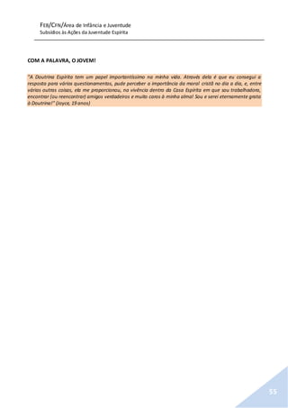 FEB/CFN/Área de Infância e Juventude
Subsídios às Ações da Juventude Espírita
55
COM A PALAVRA, O JOVEM!
"A Doutrina Espírita tem um papel importantíssimo na minha vida. Através dela é que eu consegui a
resposta para vários questionamentos, pude perceber a importância da moral cristã no dia a dia, e, entre
várias outras coisas, ela me proporcionou, na vivência dentro da Casa Espírita em que sou trabalhadora,
encontrar (ou reencontrar) amigos verdadeiros e muito caros à minha alma! Sou e serei eternamente grata
à Doutrina!" (Joyce, 19 anos)
 