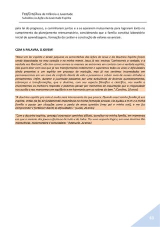 FEB/CFN/Área de Infância e Juventude
Subsídios às Ações da Juventude Espírita
63
pela lei do progresso, a caminharem juntos e a se apoiarem mutuamente para lograrem êxito no
cumprimento do planejamento reencarnatório, considerando que a família constitui laboratório
inicial de aprendizagens, formação do caráter e construção de valores essenciais.
COM A PALAVRA, O JOVEM!
"Nasci em lar espírita e desde pequena as sementinhas das lições de Jesus e da Doutrina Espírita foram
sendo depositadas no meu coração e na minha mente. Jesus já nos ensinou 'Conhecereis a verdade, e a
verdade vos libertará', não tem como sermos os mesmos ao entrarmos em contato com a verdade espírita,
não quero dizer com isso que já nos transformamos totalmente e superamos todos os vícios e dificuldades
ainda presentes a um espírito em processo de evolução, mas já nos sentimos incomodados em
permanecermos em um zona de conforto diante da vida e passamos a cobrar mais de nossas atitudes e
pensamentos. Enfim, durante a juventude passamos por uma turbulência de diversos questionamentos,
cobranças e transformações, que a doutrina, com seu aspecto filosófico e científico, nos auxilia a
encontrarmos as melhores respostas e podemos passar por momentos de inquietação que a religiosidade
nos auxilia a nos mantermos em equilíbrio e em harmonia com os valores do bem.” (Carolina, 18 anos)
"A doutrina espírita pra mim é muito mais interessante do que parece. Quando nasci minha família já era
espírita, então ela foi de fundamental importância na minha formação pessoal. Ela ajudou a mim e a minha
família a passar por situações como a perda de entes queridos (meu pai e minha avó), e me faz
compreender e fortalecer diante as dificuldades." (Lucas, 20 anos)
"Com a doutrina espírita, consegui atravessar caminhos difíceis, acreditar na minha família, em momentos
em que a maioria dos jovens afasta-se de tudo e de todos. Ter uma resposta lógica, em uma doutrina tão
maravilhosa, esclarecedora e consoladora." (Manuela, 20 anos)
 