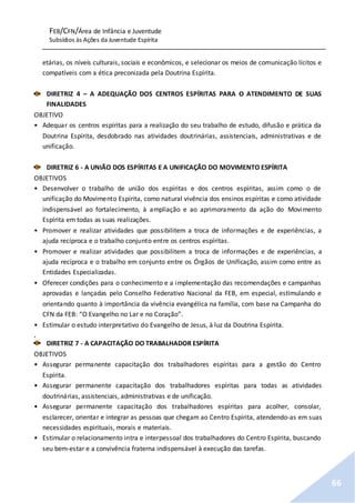 FEB/CFN/Área de Infância e Juventude
Subsídios às Ações da Juventude Espírita
66
etárias, os níveis culturais, sociais e econômicos, e selecionar os meios de comunicação lícitos e
compatíveis com a ética preconizada pela Doutrina Espírita.
DIRETRIZ 4 – A ADEQUAÇÃO DOS CENTROS ESPÍRITAS PARA O ATENDIMENTO DE SUAS
FINALIDADES
OBJETIVO
• Adequar os centros espíritas para a realização do seu trabalho de estudo, difusão e prática da
Doutrina Espírita, desdobrado nas atividades doutrinárias, assistenciais, administrativas e de
unificação.
DIRETRIZ 6 - A UNIÃO DOS ESPÍRITAS E A UNIFICAÇÃO DO MOVIMENTO ESPÍRITA
OBJETIVOS
• Desenvolver o trabalho de união dos espíritas e dos centros espíritas, assim como o de
unificação do Movimento Espírita, como natural vivência dos ensinos espíritas e como atividade
indispensável ao fortalecimento, à ampliação e ao aprimoramento da ação do Movimento
Espírita em todas as suas realizações.
• Promover e realizar atividades que possibilitem a troca de informações e de experiências, a
ajuda recíproca e o trabalho conjunto entre os centros espíritas.
• Promover e realizar atividades que possibilitem a troca de informações e de experiências, a
ajuda recíproca e o trabalho em conjunto entre os Órgãos de Unificação, assim como entre as
Entidades Especializadas.
• Oferecer condições para o conhecimento e a implementação das recomendações e campanhas
aprovadas e lançadas pelo Conselho Federativo Nacional da FEB, em especial, estimulando e
orientando quanto à importância da vivência evangélica na família, com base na Campanha do
CFN da FEB: “O Evangelho no Lar e no Coração”.
• Estimular o estudo interpretativo do Evangelho de Jesus, à luz da Doutrina Espírita.
,
DIRETRIZ 7 - A CAPACITAÇÃO DO TRABALHADOR ESPÍRITA
OBJETIVOS
• Assegurar permanente capacitação dos trabalhadores espíritas para a gestão do Centro
Espírita.
• Assegurar permanente capacitação dos trabalhadores espíritas para todas as atividades
doutrinárias, assistenciais, administrativas e de unificação.
• Assegurar permanente capacitação dos trabalhadores espíritas para acolher, consolar,
esclarecer, orientar e integrar as pessoas que chegam ao Centro Espírita, atendendo-as em suas
necessidades espirituais, morais e materiais.
• Estimular o relacionamento intra e interpessoal dos trabalhadores do Centro Espírita, buscando
seu bem-estar e a convivência fraterna indispensável à execução das tarefas.
 