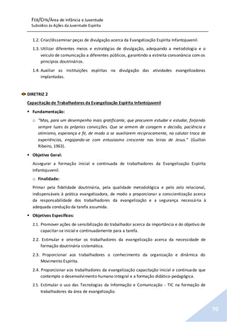 FEB/CFN/Área de Infância e Juventude
Subsídios às Ações da Juventude Espírita
70
1.2. Criar/disseminar peças de divulgação acerca da Evangelização Espírita Infantojuvenil.
1.3. Utilizar diferentes meios e estratégias de divulgação, adequando a metodologia e o
veículo de comunicação a diferentes públicos, garantindo a estreita consonância com os
princípios doutrinários.
1.4. Auxiliar as instituições espíritas na divulgação das atividades evangelizadoras
implantadas.
DIRETRIZ 2
Capacitação de Trabalhadores da Evangelização Espírita Infantojuvenil
 Fundamentação:
o “Mas, para um desempenho mais gratificante, que procurem estudar e estudar, forjando
sempre luzes às próprias convicções. Que se armem de coragem e decisão, paciência e
otimismo, esperança e fé, de modo a se auxiliarem reciprocamente, na salutar troca de
experiências, engajando-se com entusiasmo crescente nas leiras de Jesus.” (Guillon
Ribeiro, 1963).
 Objetivo Geral:
Assegurar a formação inicial e continuada de trabalhadores da Evangelização Espírita
Infantojuvenil.
o Finalidade:
Primar pela fidelidade doutrinária, pela qualidade metodológica e pelo zelo relacional,
indispensáveis à prática evangelizadora, de modo a proporcionar a conscientização acerca
da responsabilidade dos trabalhadores da evangelização e a segurança necessária à
adequada condução da tarefa assumida.
 Objetivos Específicos:
2.1. Promover ações de sensibilização do trabalhador acerca da importância e do objetivo de
capacitar-se inicial e continuadamente para a tarefa.
2.2. Estimular e orientar os trabalhadores da evangelização acerca da necessidade de
formação doutrinária sistemática.
2.3. Proporcionar aos trabalhadores o conhecimento da organização e dinâmica do
Movimento Espírita.
2.4. Proporcionar aos trabalhadores da evangelização capacitação inicial e continuada que
contemple o desenvolvimento humano integral e a formação didático-pedagógica.
2.5. Estimular o uso das Tecnologias da Informação e Comunicação - TIC na formação de
trabalhadores da área de evangelização.
 