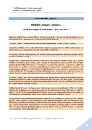 FEB/CFN/Área de Infância e Juventude
Subsídios às Ações da Juventude Espírita
75
COM A PALAVRA, O JOVEM!
RESPOSTAS DOS JOVENS À PERGUNTA:
“Jovem, qual a importância da Doutrina Espírita para você?”6
"[Doutrina Espírita] É uma bússola. Não me impede de me perder, visto que isso depende só de mim, mas
mostra aonde devo ir para retornar ao caminho certo." (Aline, 18 anos)
"[Doutrina Espírita] É uma base na qual construo meus pensamentos e ações". (Mahara, 14 anos)
“A Doutrina Espírita é a minha vida. Não consigo imaginar por quais caminhos estaria sem seu apoio, seu
esclarecimento,uma vez queos convites são muitos.” (Thiago, 17 anos)
"A Doutrina Espírita é responsável por 50% do meu caráter e acho que até o final da minha vida chegará
aos 80%". (Cristiano, 19 anos)
"Ela [Doutrina Espírita] tem real importância em minha vida, pois nos mostra a razão e a fé como a
verdade. Mostra-nos o que é certo, o que é errado, as consequências, olha o homem como ser para
progredir, [...] que não nos tornaremos perfeitos da noite para o dia, tudo isso é um processo. [...] Diz-nos
que devemos nos conhecer, saber nossas dificuldades, fraquezas, medos, nossos limites, para assim, com
nossas pseudovirtudes, com vontade e determinação alcançarmos nossos objetivos e sempre aprimorando
nossa moral através de nossos pensamentos, realizando preces e principalmente na prática, mesmo que
seja por disciplina, mas um dia isso partirá de nós atravésda espontaneidade.” (Yuri, 18 anos)
"[Doutrina Espírita] É a luz que norteia meu caminho que, mesmo que eu queira buscar caminhos tortuosos,
está sempre a brilhar na minha consciência, lembrando-me o que fazer e por onde seguir. É o que me faz
buscar a cada dia ser uma pessoa melhor, acreditando sempre em Deus, em Jesus e na companhia contínua
dos espíritos amigos." (Ethiany, 20 anos)
“A Doutrina Espírita me dá a certeza de que a vida continua, me dá um propósito para melhorar e viver bem
na Terra. Me conforta, pois me mostra que existe um Ser soberanamente justo e bom que me vigia, me
protege e me dá infinitas oportunidades de melhoria. E também me responsabiliza, pois sei que tudo o que
eu faço aqui terá consequências. Me faz ter um objetivo, a perfeição.” (Giovana, 14 anos)
"Poderia escrever uma tese de doutorado sobre a importância do espiritismo na minha vida, mas basta me
imaginar sem o conforto e noção panorâmica que a doutrina me oferece: seria um rapaz muito mais
intolerante, muito mais materialista, muito mais revoltoso, muito mais preconceituoso e provavelmente
ateu. O espiritismo pra mim, atenua o choque entre ciência e religião, axiomas e dogmas, veio pra despertar
o lado criança me fazendo questionar o porquê de tudo. Além, é claro, do conforto e "dicas" ao enfrentar
vicissitudes do dia a dia". (Vitor, 18 anos)
6
Fonte:enquete virtual DIJ/FEB, abril a junho de 2013, coma participação de 1072 respondentes.
 