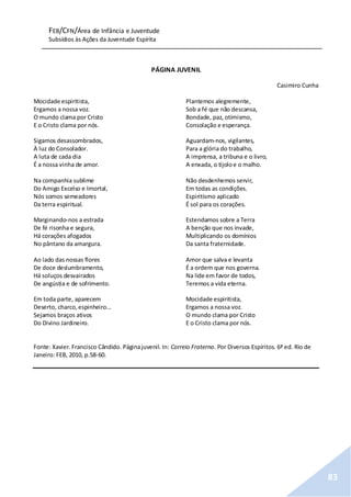 FEB/CFN/Área de Infância e Juventude
Subsídios às Ações da Juventude Espírita
83
PÁGINA JUVENIL
Casimiro Cunha
Mocidade espiritista,
Ergamos a nossa voz.
O mundo clama por Cristo
E o Cristo clama por nós.
Sigamos desassombrados,
À luz do Consolador.
A luta de cada dia
É a nossa vinha de amor.
Na companhia sublime
Do Amigo Excelso e Imortal,
Nós somos semeadores
Da terra espiritual.
Marginando-nos a estrada
De fé risonha e segura,
Há corações afogados
No pântano da amargura.
Ao lado das nossas flores
De doce deslumbramento,
Há soluços desvairados
De angústia e de sofrimento.
Em toda parte, aparecem
Deserto, charco,espinheiro...
Sejamos braços ativos
Do Divino Jardineiro.
Plantemos alegremente,
Sob a fé que não descansa,
Bondade, paz, otimismo,
Consolação e esperança.
Aguardam-nos, vigilantes,
Para a glória do trabalho,
A imprensa, a tribuna e o livro,
A enxada, o tijoloe o malho.
Não desdenhemos servir,
Em todas as condições.
Espiritismo aplicado
É sol para os corações.
Estendamos sobre a Terra
A benção que nos invade,
Multiplicando os domínios
Da santa fraternidade.
Amor que salva e levanta
É a ordem que nos governa.
Na lide em favor de todos,
Teremos a vida eterna.
Mocidade espiritista,
Ergamos a nossa voz.
O mundo clama por Cristo
E o Cristo clama por nós.
Fonte: Xavier. Francisco Cândido. Páginajuvenil. In: Correio Fraterno. Por Diversos Espíritos. 6ª ed. Rio de
Janeiro: FEB, 2010, p.58-60.
 