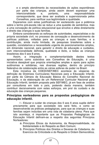 e o amplo atendimento às necessidades de ações espontâneas
          por parte das crianças, ainda assim devem expressar uma
          intencionalidade    e,      portanto,    uma      responsabilidade
          correspondente, que deve ser avaliada e supervisionada pelos
          Conselhos, para verificar sua legitimidade e qualidade.
       Esperamos com estas justificativas ter esclarecido que a polêmica
sobre o termo pré-escola não se reduz a uma questão de semântica, mas
a uma concepção de política educacional que envolve e afeta diretamente
o direito das crianças e suas famílias.
       Embora considerando os esforços de autoridades, especialistas e da
própria sociedade civil, no processo de concepção e desenvolvimento de
políticas públicas, voltadas para as crianças e suas famílias, e a
contribuição, ainda muito limitada, de pesquisas brasileiras sobre a
questão, constatamos a necessidade urgente de posicionamentos amplos,
em dimensão nacional, para garantir o direito de educação e cuidados,
com intencionalidade definida, qualidade e êxito, a todas as crianças
brasileiras dos 0 aos 6 anos.
       Assim, a integração e complementaridade destes textos
apresentados como subsídios aos Conselhos de Educação, é uma
iniciativa desejável que propicia orientações amplas e apoio para ações
autônomas e solidárias, nas diversas regiões, dentro do princípio
federativo de colaboração entre as várias esferas de poder no Brasil.
       Esta iniciativa da COEDI/SEF/MEC acontece às vésperas da
definição de Diretrizes Curriculares Nacionais para a Educação Infantil,
por parte da Câmara de Educação Básica do Conselho Nacional de
Educação, e da elaboração de um Referencial Curricular Nacional para
Educação Infantil, também proposto pela SEF/MEC, já em fase de análise
por consultores em todo o país, podendo desta maneira, também
contribuir decisivamente com estes esforços, em prol do cuidado e da
educação das crianças pequenas.
Princípios norteadores para as propostas pedagógicas de
educação infantil.
           I - Educar e cuidar de crianças dos 0 aos 6 anos supõe definir
     previamente para que sociedade isto será feito, e como se
     desenvolverão as práticas pedagógicas, para que as crianças e suas
     famílias sejam incluídas em uma vida de cidadania plena. Para que
     isto aconteça, é importante que as Propostas Pedagógicas de
     Educação Infantil definam-se a respeito dos seguintes Princípios
     Norteadores:
           a. Princípios Éticos da Autonomia, da Responsabilidade, da
               Solidariedade e do Respeito ao Bem Comum;
           b. Princípios Políticos dos Direitos e Deveres de Cidadania, do
               Exercício da Criticidade e do Respeito à Ordem Democrática;


                                    67
 