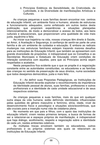 c. Princípios Estéticos da Sensibilidade, da Criatividade, da
              Ludicidade, e da Diversidade de manifestações Artísticas e
              Culturais.

      As crianças pequenas e suas famílias devem encontrar nos centros
de educação infantil, um ambiente físico e humano, através de estruturas
e funcionamento adequados, como enfatizado em outros textos desta
publicação, que propiciem experiências e situações planejadas
intencionalmente, de modo a democratizar o acesso de todos, aos bens
culturais e educacionais, que proporcionam uma qualidade de vida mais
justa, equânime e feliz.
      Ao iniciar sua trajetória na vida, nossas crianças têm direito à Saúde,
ao Amor, à Aceitação e Segurança, à confiança de sentir-se parte de uma
família e de um ambiente de cuidados e educação. E embora as radicais
mudanças nas estruturas familiares estejam trazendo maiores desafios
para as instituições de Educação Infantil, que também se apresentam com
grande diversidade de propósitos, é indispensável que os Conselhos e as
Secretarias Municipais e Estaduais de Educação criem condições de
interação construtiva com aquelas, para que os Princípios acima sejam
respeitados e acatados.
      Nesta perspectiva fica evidente que o que se propõe é a negociação
constante entre as autoridades constituídas, os educadores e as famílias
das crianças no sentido da preservação de seus direitos, numa sociedade
que todos desejamos democrática, justa e mais feliz.

           II - Ao definir suas Propostas Pedagógicas, as Instituições de
     Educação Infantil deverão explicitar o reconhecimento da importância
     da Identidade pessoal de alunos, suas famílias, professores e outros
     profissionais e a identidade de cada unidade educacional e de seus
     respectivos sistemas.

       As crianças pequenas e suas famílias, mais do que em qualquer
outra etapa da vida humana, estão definindo identidades influenciadas
pelas questões de gênero masculino e feminino, etnia, idade, nível de
desenvolvimento físico e psicológico e situações sócio/econômicas, que
são cruciais para a inserção numa vida de cidadania plena.
       No momento em que pais e filhos, com o apoio das instituições de
educação infantil, vivem nestes primeiros tempos, a busca de formas de
ser e relacionar-se e espaços próprios de manifestação, é indispensável
que haja diálogo, acolhimento, respeito e negociação sobre a identidade
de cada um, nestes ambientes coletivos.
       As múltiplas trocas envolvem também os educadores, outros
profissionais e os próprios sistemas aos quais se relacionam as
instituições de Educação Infantil.


                                     68
 