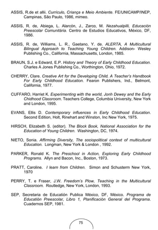 ASSIS, R.de et allii. Currículo, Criança e Meio Ambiente. FE/UNICAMP/INEP,
      Campinas, São Paulo, 1986, mimeo.

ASSIS, R. de, Abiega, L. Alarcón, J., Zarco, M. Nezahualpilli, Educación
      Preescolar Comunitária. Centro de Estudios Educativos, México, DF,
      1986.

ASSIS, R. de, Williams, L. R., Gaetano, Y. de. ALERTA, A Multicultural
      Bilingual Approach to Teaching Young Children. Addison- Wesley
      Publishing Co., California, Massachusetts, London, 1985.

BRAUN, S.J. e Edward, E.P. History and Theory of Early Childhood Education.
     Charles A Jones Publishing Co., Worthington, Ohio, 1972.

CHERRY, Clare. Creative Art for the Developing Child, A Teacher’s Handbook
     For Early Childhood Education. Fearon Publishers, Ind., Belmont,
     California, 1977.

CUFFARO, Harriet K. Experimenting with the world, Jonh Dewey and the Early
     Chidhood Classroom. Teachers College, Columbia University, New York
     and London, 1995.

EVANS, Ellis D. Contemporary influences in Early Childhood Education.
     Second Edition, Holt, Rinehart and Winston, Inc New York, 1975.

HIRSCH, Elizabeth S. (editor). The Block Book, National Association for the
     Education of Young Children. Washington, DC, 1974.

NIETO, Sonia. Affirming Diversity, The sociopolitical context of multicultural
      Education. Longman, New York & London , 1992.

PARKER, Ronald K. The Preschool in Action, Exploring Early Childhood
     Programs. Allyn and Bacon, Inc., Boston, 1973.

PRATT, Caroline. I learn from Children. Simon and Schusterm New York,
     1970

PERRY, T. e Fraser, J.W. Freedom’s Plow, Teaching in the Multicultural
     Classroom. Routledge, New York, London, 1993.

SEP, Secretaria de Educatión Publica México, DF, México. Programa de
     Educatión Preescolar, Libro 1, Planificación General del Programa.
     Cuadernos SEP, 1981.



                                     75
 