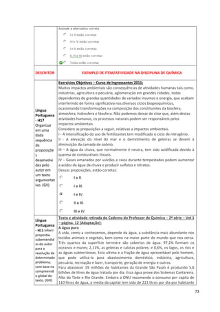 73
DESCRITOR EXEMPLO DE ITEM/ATIVIDADE NA DISCIPLINA DE QUÍMICA
Língua
Portuguesa
- H17
Organizar
em uma
dada
sequência
de
proposiçõe
s
desenvolvi
das pelo
autor em
um texto
argumentat
ivo. (GII)
Exercícios Objetivos – Curso de Ingressantes 2011:
Muitos impactos ambientais são consequências de atividades humanas tais como,
indústrias, agricultura e pecuária, aglomeração em grandes cidades, todas
dependentes de grandes quantidades de variados insumos e energia, que acabam
interferindo de forma significativa nos diversos ciclos biogeoquímicos,
ocasionando transformações na composição dos constituintes da biosfera,
atmosfera, hidrosfera e litosfera. Não podemos deixar de citar que, além destas
atividades humanas, os processos naturais podem ser responsáveis pelos
impactos ambientais.
Considere as proposições a seguir, relativas a impactos ambientais.
I - A intensificação do uso de fertilizantes tem modificado o ciclo de nitrogênio.
II - A elevação do nível do mar e o derretimento de geleiras se devem à
diminuição da camada de ozônio.
III – A água da chuva, que normalmente é neutra, tem sido acidificada devido à
queima de combustíveis fósseis.
IV – Gases emanados por vulcões e raios durante tempestades podem aumentar
a acidez da água da chuva e produzir sulfatos e nitratos.
Dessas proposições, estão corretas:
I e II.
I e III.
I e IV.
II e III.
III e IV.
Língua
Portuguesa
- H11 Inferir
propostas
subentendid
as do autor
para a
resolução de
determinado
problema,
com base na
compreensã
o global do
texto. (GIII)
Texto e atividade retirada do Caderno do Professor de Química – 2ª série – Vol 1
– página. 12 (Adaptação):
A água pura
A vida, como a conhecemos, depende da água, a substância mais abundante nos
tecidos animais e vegetais, bem como na maior parte do mundo que nos cerca.
Três quartos da superfície terrestre são cobertos de água: 97,2% formam os
oceanos e mares; 2,11%, as geleiras e calotas polares; e 0,6%, os lagos, os rios e
as águas subterrâneas. Esta ultima e a fração de água aproveitável pelo homem,
que pode utiliza-la para abastecimento doméstico, indústria, agricultura,
pecuária, recreação e lazer, transporte, geração de energia e outros.
Para abastecer 19 milhões de habitantes da Grande São Paulo é produzido 5,8
bilhões de litros de água tratada por dia. Essa água prove dos Sistemas Cantareira,
Alto do Tiete e Rio Grande. Embora a ONU recomende o consumo per capita de
110 litros de água, a media da capital tem sido de 221 litros por dia por habitante
 
