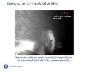 Strong currents + restricted visibility
Retrieval of wellhead protector using drill pipe adapter
after multiple failure of ROV to complete operation
Visibility
1m to 0.15m has been
recorded
 