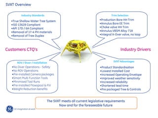 SVXT Overview
•Production Bore HH Trim
•Annulus Bore EE Trim
•Choke valve HH Trim
•Annulus VBSM Alloy 718
•Integral X-Over valve, no loop
•Product Standardisation
•Lowest Installed Cost
•Increased Operating Envelope
•Improved weather sensitivity
•Increased reliability
•Shortened lead time
•Pre packaged Tree & Controls
•True Shallow Water Tree System
•ISO 13628 Compliant
•API 17D / 6A Compliant
•Removal of 17-4 PH materials
•Removal of Tree Duplex
Customers CTQ’s Industry Drivers
SVXT Advantages
Trim Selection
The SVXT meets all current legislative requirements
Now and for the foreseeable future
Industry Standards
ROV / Diver / Installation
•No Diver Operations - Safety
•No ROV Operations
•Pre-Installed Camera packages
•Smart Multi Function Tools
•Minimised Tool Runs
•Pre-Installed Flowspool & FIV
•Weight Reduction benefits
 