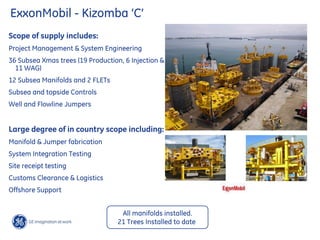 ExxonMobil - Kizomba ‘C’
Scope of supply includes:
Project Management & System Engineering
36 Subsea Xmas trees (19 Production, 6 Injection &
11 WAG)
12 Subsea Manifolds and 2 FLETs
Subsea and topside Controls
Well and Flowline Jumpers
Large degree of in country scope including:
Manifold & Jumper fabrication
System Integration Testing
Site receipt testing
Customs Clearance & Logistics
Offshore Support
All manifolds installed.
21 Trees Installed to date
 