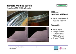 EuroJoin 9: May 20-22, 2015, Bergen
Neil Woodward
Remote Welding System
Hyperbaric MIG Welding Results
17
1,000msw
Hyperbaric MIG Welds
 Visual Appearance at
1:30 and 6 o’clock
Acceptable:
 Visual & NDT
 Multiple Macros
 HV10 Hardness
 All-Weld Tensile
 Charpy V Notch
 