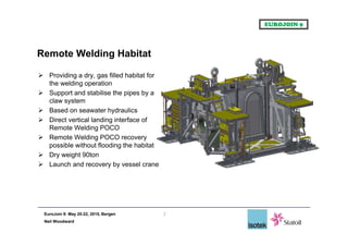 EuroJoin 9: May 20-22, 2015, Bergen
Neil Woodward
Remote Welding Habitat
 Providing a dry, gas filled habitat for
the welding operation
 Support and stabilise the pipes by a
claw system
 Based on seawater hydraulics
 Direct vertical landing interface of
Remote Welding POCO
 Remote Welding POCO recovery
possible without flooding the habitat
 Dry weight 90ton
 Launch and recovery by vessel crane
7
 