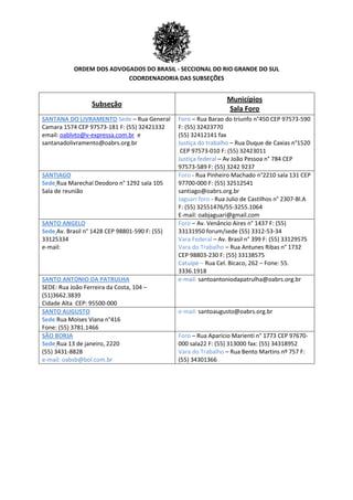 ORDEM DOS ADVOGADOS DO BRASIL - SECCIONAL DO RIO GRANDE DO SUL
COORDENADORIA DAS SUBSEÇÕES
Subseção
Municípios
Sala Foro
SANTANA DO LIVRAMENTO Sede – Rua General
Camara 1574 CEP 97573-181 F: (55) 32421332
email: oablvto@v-expressa.com.br e
santanadolivramento@oabrs.org.br
Foro – Rua Barao do triunfo n°450 CEP 97573-590
F: (55) 32423770
(55) 32412141 fax
Justiça do trabalho – Rua Duque de Caxias n°1520
CEP 97573-010 F: (55) 32423011
Justiça federal – Av João Pessoa n° 784 CEP
97573-589 F: (55) 3242 9237
SANTIAGO
Sede Rua Marechal Deodoro n° 1292 sala 105
Sala de reunião
Foro - Rua Pinheiro Machado n°2210 sala 131 CEP
97700-000 F: (55) 32512541
santiago@oabrs.org.br
Jaguari foro - Rua Julio de Castilhos n° 2307-Bl.A
F: (55) 32551476/55-3255.1064
E-mail: oabjaguari@gmail.com
SANTO ANGELO
Sede Av. Brasil n° 1428 CEP 98801-590 F: (55)
33125334
e-mail:
Foro – Av. Venâncio Aires n° 1437 F: (55)
33131950 forum/sede (55) 3312-53-34
Vara Federal – Av. Brasil n° 399 F: (55) 33129575
Vara do Trabalho – Rua Antunes Ribas n° 1732
CEP 98803-230 F: (55) 33138575
Catuípe – Rua Cel. Bicaco, 262 – Fone: 55.
3336.1918
SANTO ANTONIO DA PATRULHA
SEDE: Rua João Ferreira da Costa, 104 –
(51)3662.3839
Cidade Alta CEP: 95500-000
e-mail: santoantoniodapatrulha@oabrs.org.br
SANTO AUGUSTO
Sede Rua Moises Viana n°416
Fone: (55) 3781.1466
e-mail: santoaugusto@oabrs.org.br
SÃO BORJA
Sede Rua 13 de janeiro, 2220
(55) 3431-8828
e-mail: oabsb@bol.com.br
Foro – Rua Aparício Marienti n° 1773 CEP 97670-
000 sala22 F: (55) 313000 fax: (55) 34318952
Vara do Trabalho – Rua Bento Martins nº 757 F:
(55) 34301366
 