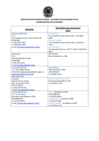 ORDEM DOS ADVOGADOS DO BRASIL - SECCIONAL DO RIO GRANDE DO SUL
COORDENADORIA DAS SUBSEÇÕES
Subseção
Municípios que possui (em)
Salas
BENTO GONGALVES
Sede
Av. Presidente Costa e Silva nº 484 / CEP
95700-000
F: (54) 3453- 8221
F: (54) 3454- 4422
e-mail: bentogoncalves@oabrs.org.br
Foro Central
Av. Presidente Costa e Silva nº315 F: (54) 3452-
2844
Vara do Trabalho
Av. Presidente Costa e Silva nº261 F: (54) 3451-
7197
Justiça Federal
Av. Marechal Floriano n. 85 / 7° andar / F:(54) 3451
8391
BOM JESUS
Sede
Sete de setembro nº 418
95290-000
F: (54) 3237 2141
e-mail: bomjesus@oabrs.org.br
Foro Central
Sete de Setembro n. 388
C AÇAPAVA DO SUL
Sede-Rua: Vagner Dotto
nª55emails:cacapavadosul@oabrs.org.br e
oabcacapava@farrapo.org.br
F(55) 3281-1115
Foro Central
Rua Lucio Jaime nº387
CEP 96570-00
F: (55)3281-1115
CACEQUI
Sede é no Foro central
Rua: Tiradentes nº187
CEP 97450-00
F: (55) 3254-2542
e-mail: cacequi@oabrs.org.br
Foro em São Vicente do Sul
Rua Vinte de Setenbro nº 741
F: (55) 3257-1133
CACHOEIRA DO SUL
Casa do Advogado
Rua João Carlos Gaspary, nº295
CEP 96506-550
F: (51) 3722-4744
e-mail: cachoeiradosul@oabrs.org.br
Foro - Rua Moron nº1013
CEP 96508-031
F: (51)3722-4652
Justiça federal - Rua Brasil nº600
F: (51)3723-5601
Vara do Trabalho - Rua Moron nº1057
F: (51)3722-1133
 