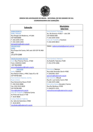 ORDEM DOS ADVOGADOS DO BRASIL - SECCIONAL DO RIO GRANDE DO SUL
COORDENADORIA DAS SUBSEÇÕES
Subseção
Municípios
Sala Foro
DOM PEDRITO
Sede / Aluizio
Rua Borges de Medeiros, nº1364
CEP 96450000
F: (53) 3243-2723
F: (53) 3243-1043
dompedrito@oabrs.org.br
Foro Central / Fernada
Av. Rio Branco nº1817 – sala 106
CEP 96450-000
F: (53) 3243-3310
Vara do Trabalho / Gustavo
F: (53) 3243-8013
ENCANTADO
FORO
Rua Duque de Caxias, 645 sala 103 CEP 95.960-
000
(51)37512386
EMAIL: oabencantado@pannet.com.br
ENCRUZILHADA DO SUL
Sede Rua Thomaz Flores, nº182
Fone: (54)3522.5644
CEP 96610000
encruzilhadadosul@oabrs.org.br
Foro Central / Adriana
Av.Rodolfo Taborda nº100
F: (51) 3733-1066
ERECHIM
Sede / Gabriel
Rua Nelson Ehlers, nº98 / Salas 91 e 92
CEP 99700-000
Foro Central / Daíane, Carine,
Ruan e teres
Rua Clementina Rossi nº129
F: (54) 3522-0086
Fax: (54) 3522-0620
CEP 99700-000
Forun@oaberechi.org.br
Vara do Trabalho / Antonio Carlos
Av Pinto de Souza n°730
F: 3519-4834
Justiça federal / Sabrina
Av. Sete de Setembro nº483
F: 3519-0974
Varafederal@oaberechi.org.br
Gaurama / Marlon
Rua João Amandio Sterd nº382
F: (54)3391-1657
gaurama@oaberechi.org.br
São Valentin /Neudi
Rua Dr. Luiz Carlos Faret nº60
F: (54) 3373-1466
Marcelino Ramos(locado) / Carine
Rua Rui Barbosa nº202
F: (54)3372-1525
marcelinoramos@oaberechin.org.br
 