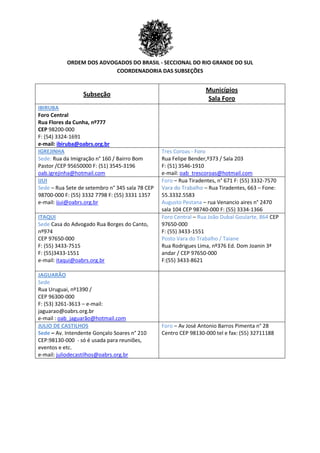 ORDEM DOS ADVOGADOS DO BRASIL - SECCIONAL DO RIO GRANDE DO SUL
COORDENADORIA DAS SUBSEÇÕES
Subseção
Municípios
Sala Foro
IBIRUBA
Foro Central
Rua Flores da Cunha, nº777
CEP 98200-000
F: (54) 3324-1691
e-mail: ibiruba@oabrs.org.br
IGREJINHA
Sede: Rua da Imigração n° 160 / Bairro Bom
Pastor /CEP 95650000 F: (51) 3545-3196
oab.igrejinha@hotmail.com
Tres Coroas - Foro
Rua Felipe Bender,º373 / Sala 203
F: (51) 3546-1910
e-mail: oab_trescoroas@hotmail.com
IJUI
Sede – Rua Sete de setembro n° 345 sala 78 CEP
98700-000 F: (55) 3332 7798 F: (55) 3331 1357
e-mail: ijui@oabrs.org.br
Foro – Rua Tiradentes, n° 671 F: (55) 3332-7570
Vara do Trabalho – Rua Tiradentes, 663 – Fone:
55.3332.5583
Augusto Pestana – rua Venancio aires n° 2470
sala 104 CEP 98740-000 F: (55) 3334-1366
ITAQUI
Sede Casa do Advogado Rua Borges do Canto,
nº974
CEP 97650-000
F: (55) 3433-7515
F: (55)3433-1551
e-mail: itaqui@oabrs.org.br
Foro Central – Rua João Dubal Goularte, 864 CEP
97650-000
F: (55) 3433-1551
Posto Vara do Trabalho / Taiane
Rua Rodrigues Lima, nº376 Ed. Dom Joanin 3ª
andar / CEP 97650-000
F:(55) 3433-8621
JAGUARÃO
Sede
Rua Uruguai, nº1390 /
CEP 96300-000
F: (53) 3261-3613 – e-mail:
jaguarao@oabrs.org.br
e-mail : oab_jaguarão@hotmail.com
JULIO DE CASTILHOS
Sede – Av. Intendente Gonçalo Soares n° 210
CEP:98130-000 - só é usada para reuniões,
eventos e etc.
e-mail: juliodecastilhos@oabrs.org.br
Foro – Av José Antonio Barros Pimenta n° 28
Centro CEP 98130-000 tel e fax: (55) 32711188
 