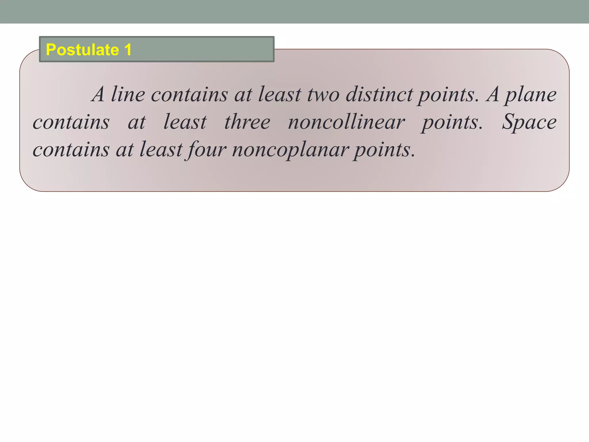 A line contains at least two distinct points. A plane
contains at least three noncollinear points. Space
contains at least four noncoplanar points.
Postulate 1
 