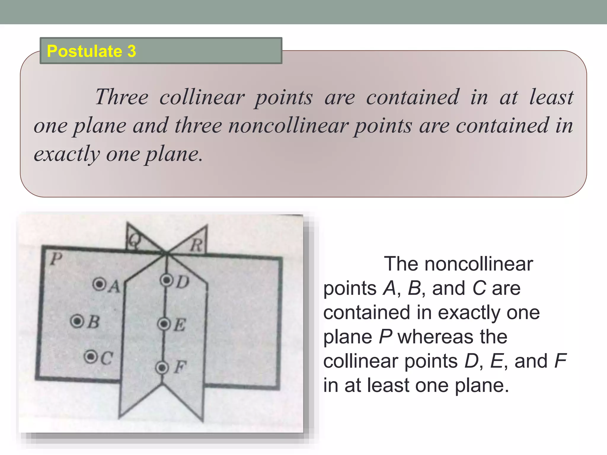 Three collinear points are contained in at least
one plane and three noncollinear points are contained in
exactly one plane.
Postulate 3
The noncollinear
points A, B, and C are
contained in exactly one
plane P whereas the
collinear points D, E, and F
in at least one plane.
 