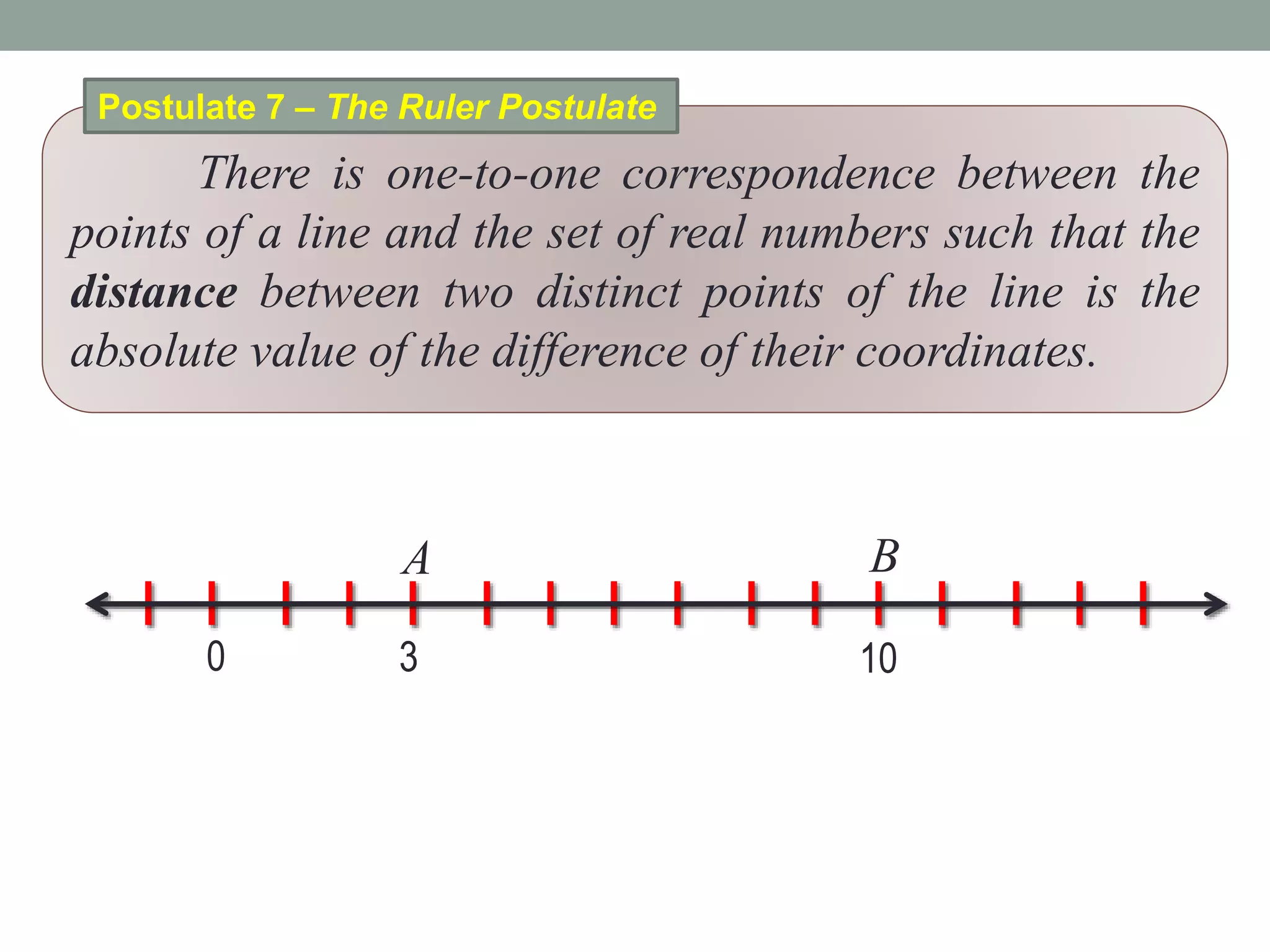There is one-to-one correspondence between the
points of a line and the set of real numbers such that the
distance between two distinct points of the line is the
absolute value of the difference of their coordinates.
Postulate 7 – The Ruler Postulate
A
0 3 10
B
 