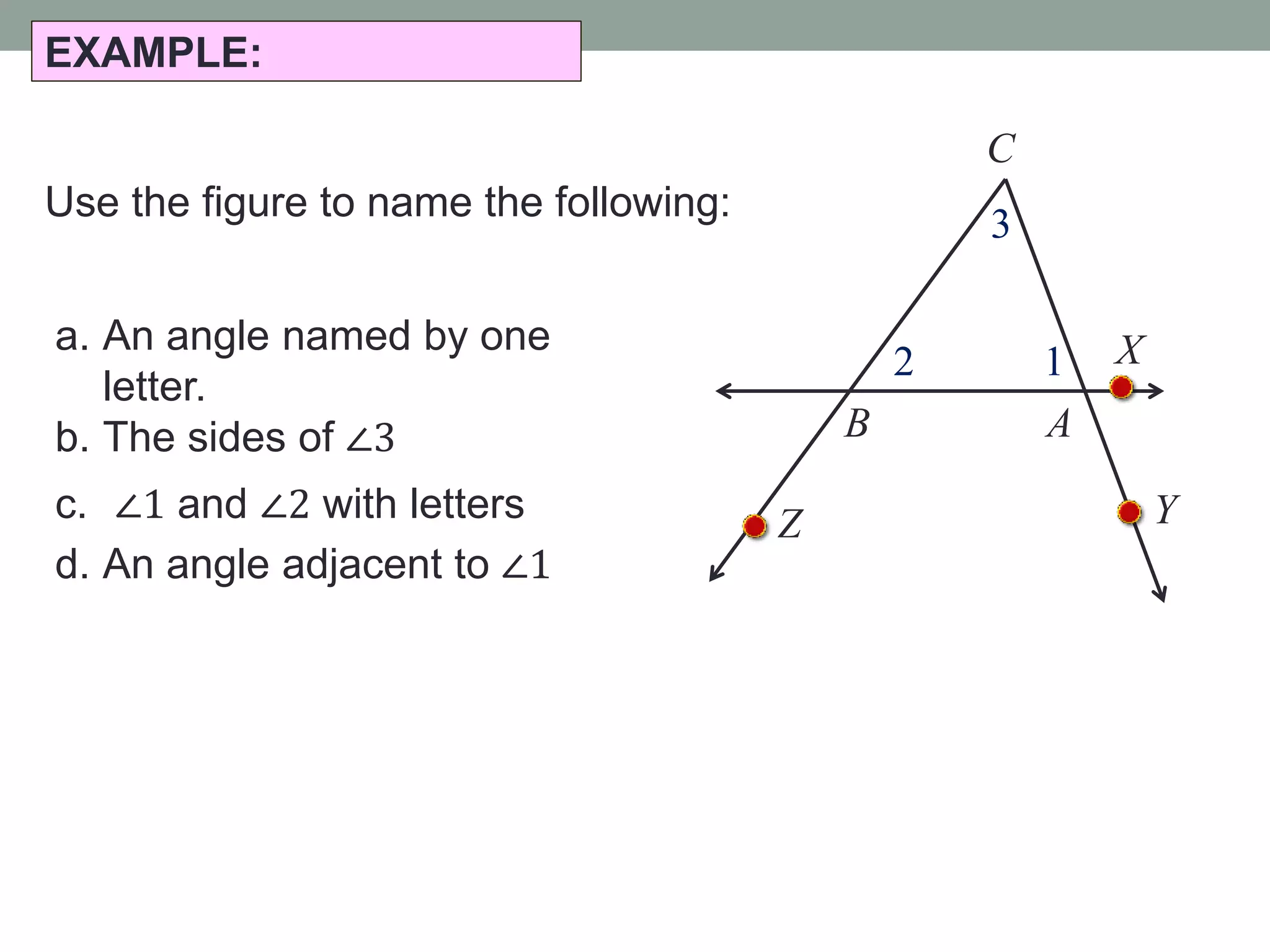 EXAMPLE:
Use the figure to name the following:
a. An angle named by one
letter.
b. The sides of ∠3
c. ∠1 and ∠2 with letters
d. An angle adjacent to ∠1
YZ
X
C
B A
12
3
 