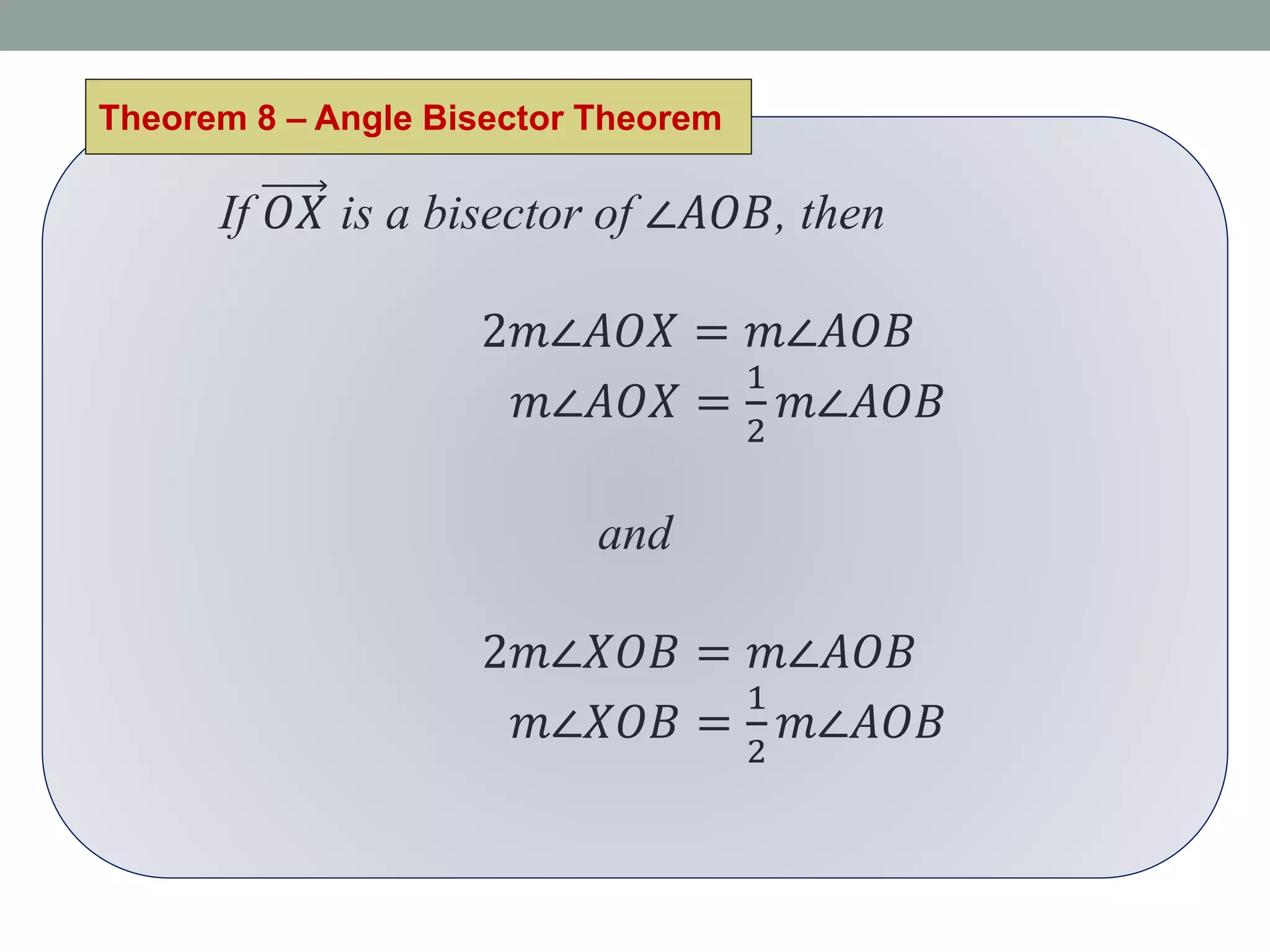 If 𝑂𝑋 is a bisector of ∠𝐴𝑂𝐵, then
2𝑚∠𝐴𝑂𝑋 = 𝑚∠𝐴𝑂𝐵
𝑚∠𝐴𝑂𝑋 =
1
2
𝑚∠𝐴𝑂𝐵
and
2𝑚∠𝑋𝑂𝐵 = 𝑚∠𝐴𝑂𝐵
𝑚∠𝑋𝑂𝐵 =
1
2
𝑚∠𝐴𝑂𝐵
Theorem 8 – Angle Bisector Theorem
 