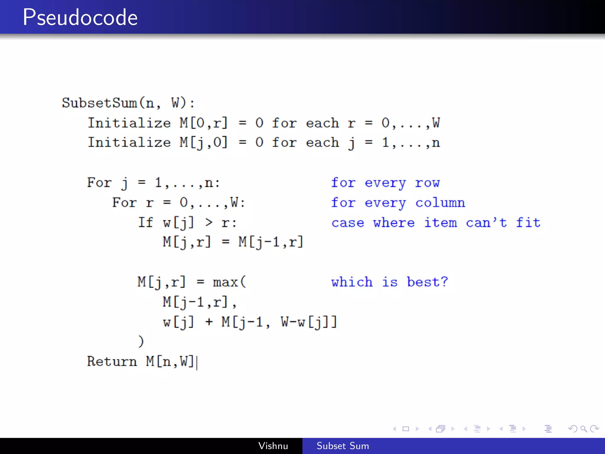 Pseudocode
Vishnu Subset Sum
 