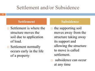 Settlement and/or Subsidence
 Settlement is where the
structure moves the
soil due to application
of load.
 Settlement normally
occurs early in the life
of a property
 the supporting soil
moves away from the
structure taking away
its support and
allowing the structure
to move is called
settlement.
 subsidence can occur
at any time
Settlement Subsidence
12
 