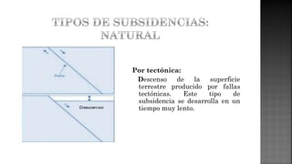 Por tectónica:
Descenso de la superficie
terrestre producido por fallas
tectónicas. Este tipo de
subsidencia se desarrolla en un
tiempo muy lento.
 