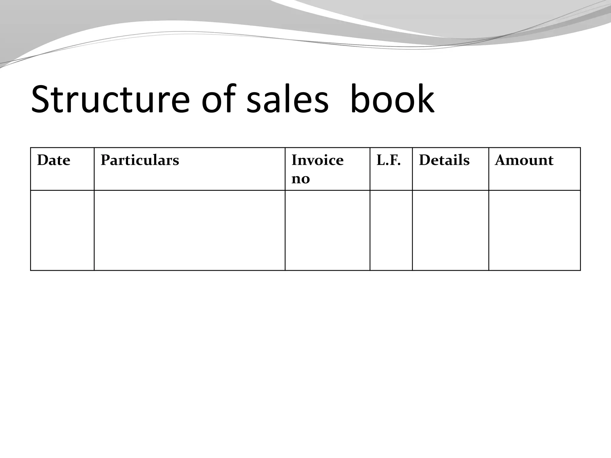 Structure of sales book
Date Particulars Invoice
no
L.F. Details Amount
 