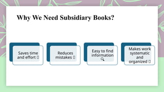 Why We Need Subsidiary Books?
Saves time
and effort ⏰
Reduces
mistakes ❌
Easy to find
information
🔍
Makes work
systematic
and
organized 🧾
 