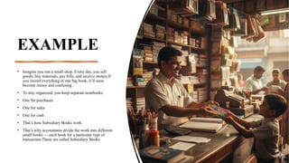 EXAMPLE
• Imagine you run a small shop. Every day, you sell
goods, buy materials, pay bills, and receive money.If
you record everything in one big book, it’ll soon
become messy and confusing .
• To stay organized, you keep separate notebooks:
• One for purchases
• One for sales
• One for cash
• That’s how Subsidiary Books work
• That’s why accountants divide the work into different
small books — each book for a particular type of
transaction.These are called Subsidiary Books.
 