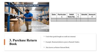 3. Purchase Return
Book
• Used when goods bought on credit are returned.
• Example: Returned defective pens to Ramesh Traders.
• Also known as Return Outward Book.
Date Particular
s
Debit
Note No.
L.
F.
Details Amount
₹
 