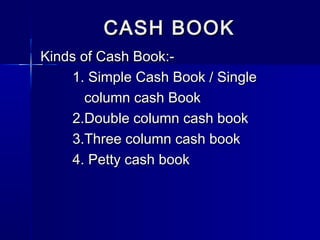 Kinds of Cash Book:-Kinds of Cash Book:-
1. Simple Cash Book / Single1. Simple Cash Book / Single
column cash Bookcolumn cash Book
2.Double column cash book2.Double column cash book
3.Three column cash book3.Three column cash book
4. Petty cash book4. Petty cash book
CASH BOOKCASH BOOK
 