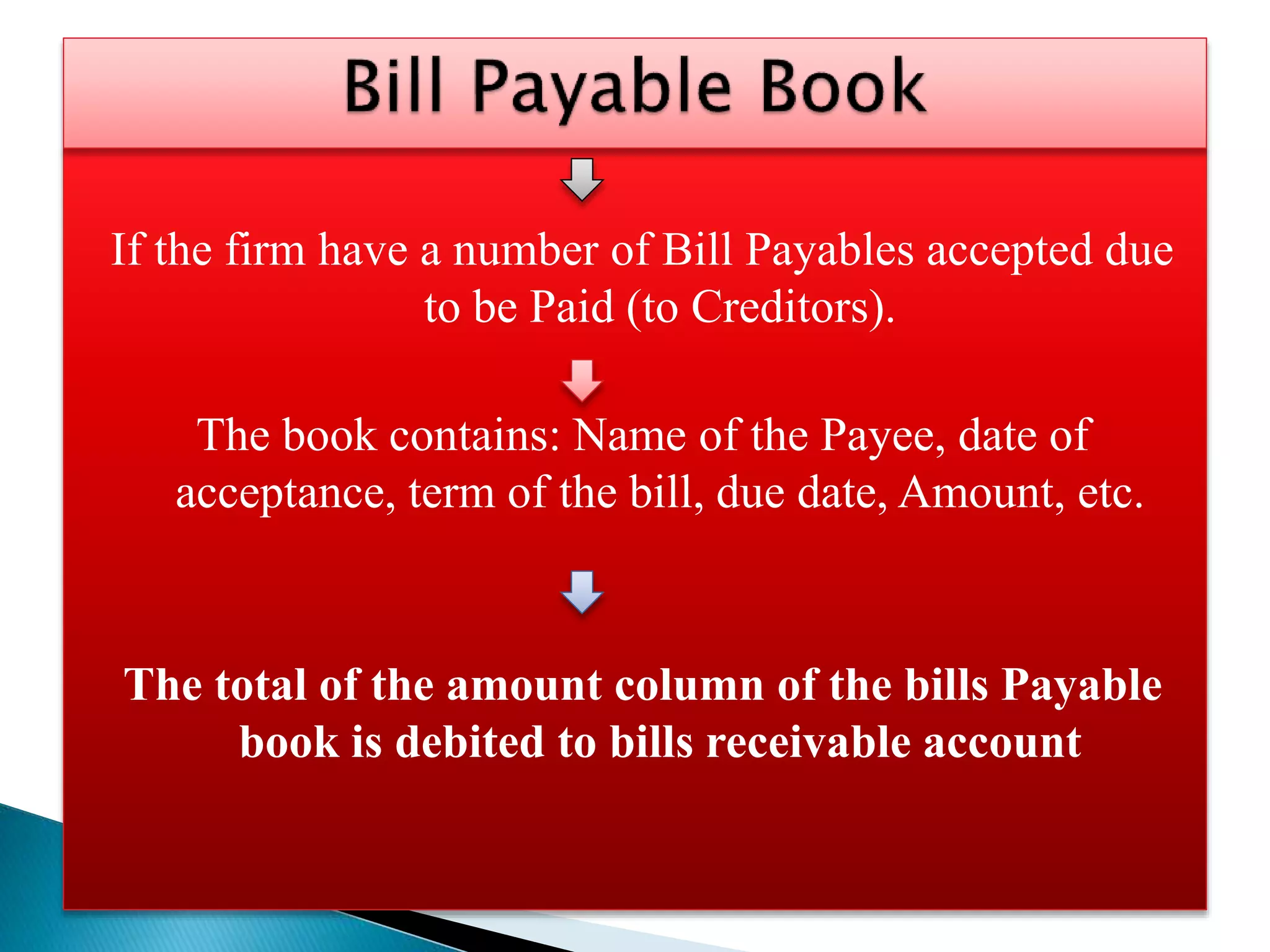 If the firm have a number of Bill Payables accepted due
to be Paid (to Creditors).
The book contains: Name of the Payee, date of
acceptance, term of the bill, due date, Amount, etc.
The total of the amount column of the bills Payable
book is debited to bills receivable account
 