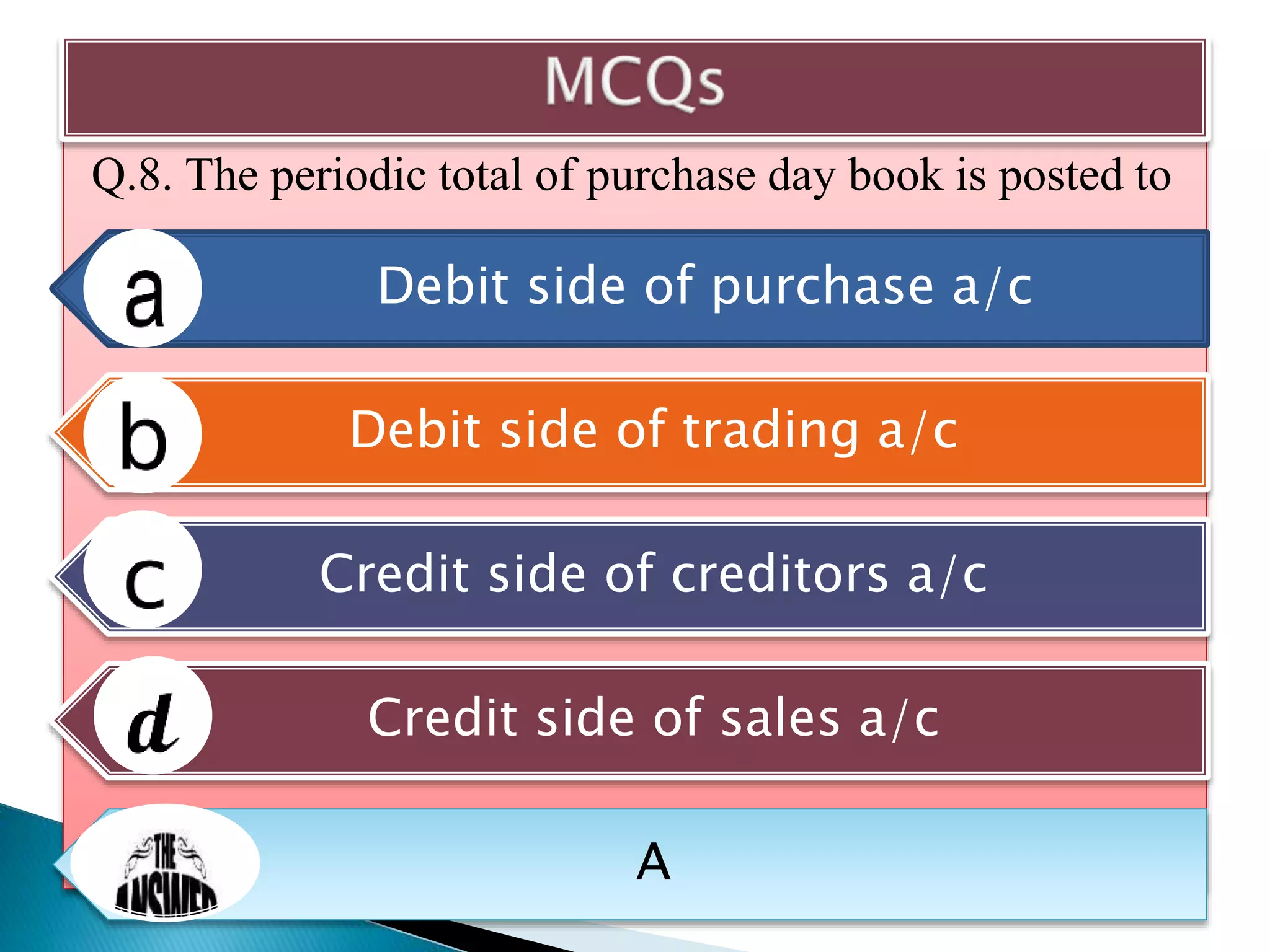 Q.8. The periodic total of purchase day book is posted to
Debit side of purchase a/c
Debit side of trading a/c
Credit side of creditors a/c
Credit side of sales a/c
A
 
