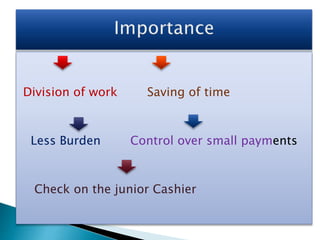 Division of work Saving of time
Less Burden Control over small payments
Check on the junior Cashier
 