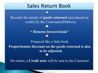 Records the details of goods returned (purchased on
credit) by the Customers(Debtors).
“ Returns Inward book”
Prepared like a Sale book
Proportionate discount on the goods returned is also
to be adjusted.
On return, a Credit note will be sent to the Customer
 