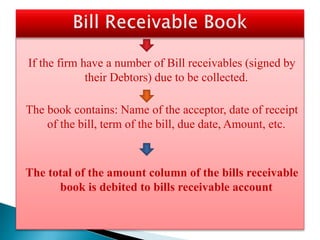 If the firm have a number of Bill receivables (signed by
their Debtors) due to be collected.
The book contains: Name of the acceptor, date of receipt
of the bill, term of the bill, due date, Amount, etc.
The total of the amount column of the bills receivable
book is debited to bills receivable account
 