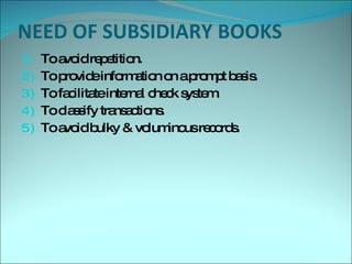 NEED OF SUBSIDIARY BOOKS To avoid repetition. To provide information on a prompt basis. To facilitate internal check system. To classify transactions. To avoid bulky & voluminous records. 